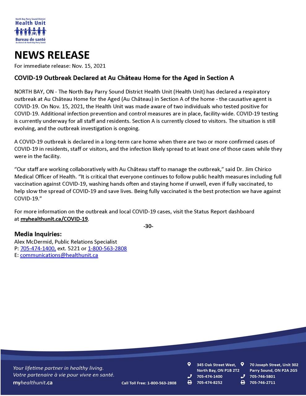 COVID-19 Outbreak Declared at Au Château Home for the Aged in Section A